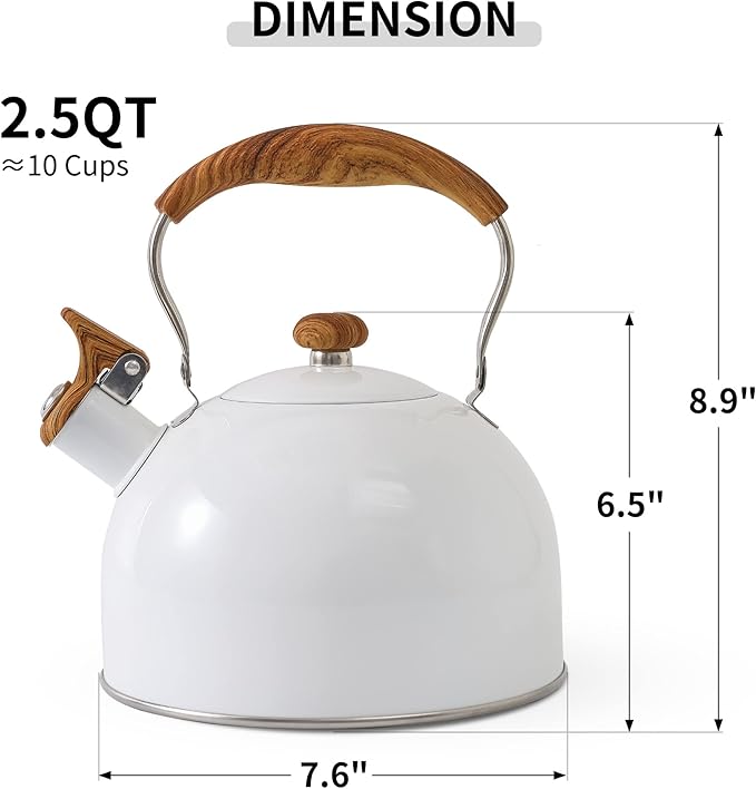 LONFFERY Tea Kettle, 2.5 Quart Whistling Tea Kettle, Tea Pots for Stove Top Food Grade Stainless Steel with Wood Pattern Folding Handle - White