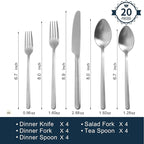 KINGSTONE Silverware Set, 20 Piece Flatware Cutlery Set for 4, 18/10 Stainless Steel Silverware Mirror Polished Dishwasher Safe for Home, Restaurant, Wedding, Party, Matte Silver