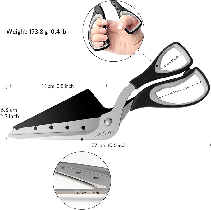 Asdirne Pizza Scissors, Pizza Cutter with Shovel, Food-Grade Sharp Stainless Steel Blade and Soft Grip Handle, Multifunctional Kitchen Scissors, 27cm, Black/Grey