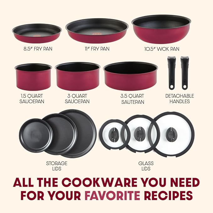 T-fal Ingenio Expertise Non Stick Cookware Set 14 Piece, Induction, Oven Broiler Safe 500F, Cookware, Pots and Pans Set, RV, Camping, Frying Pans, Dishwasher Safe, Detachable/Removable Handle, Pink