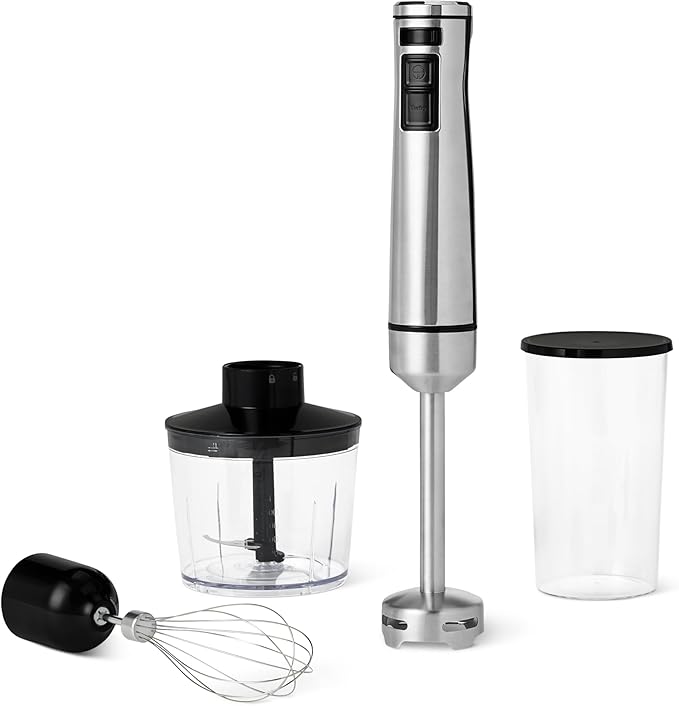 Amazon Basics 500 Watt Multi-Speed Immersion Hand Blender with Attachments, Corded, Silver