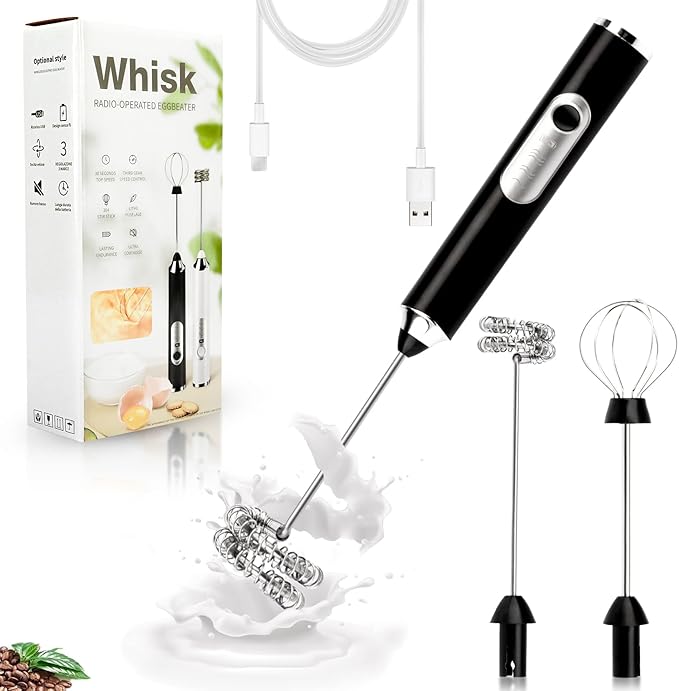 Electric Double Whisk Milk Frother Handheld Black USB Rechargeable Drink Mixer, 3 Speeds Adjustable Electric Whisk Foam Maker Detachable for Coffee, Lattes, Matcha, Hot Chocolate