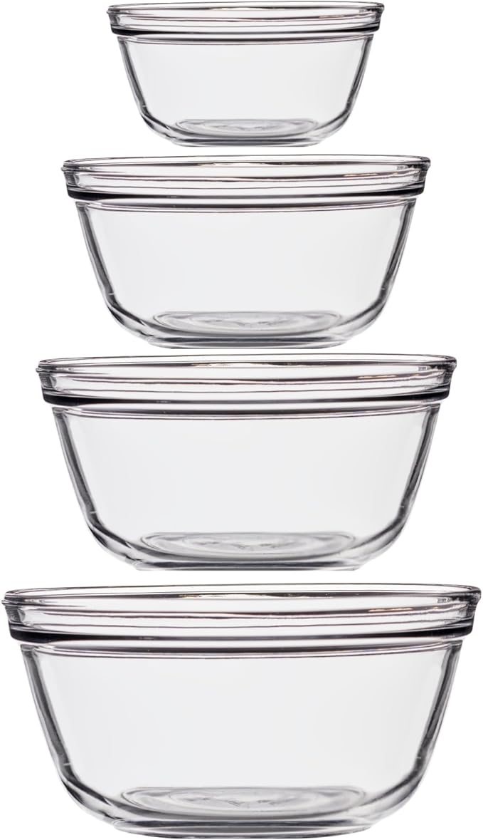 Anchor Hocking 4 Piece Glass Mixing Bowls Set – Durable, Microwave, Oven, and Dishwasher Safe – Perfect for Prep, Mixing, Serving, and Storage – Made in USA