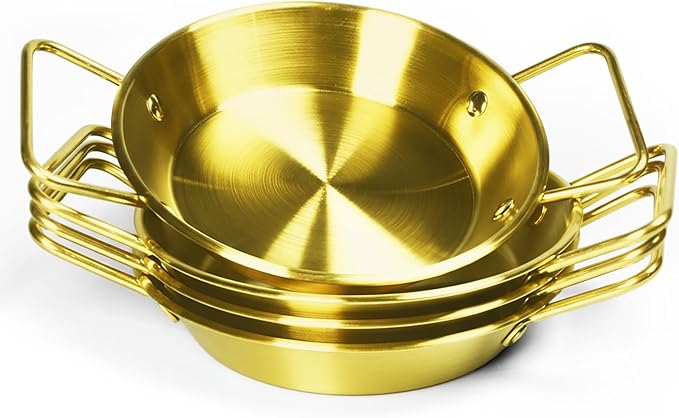 Pie pans Quirche Dishes Stainless Steel Set of 4, Specialty Gratins Pots and Pans Cookware, Au Gratin Baking Dish with Handles, 20 Oz, for Oven Roasting, Individual portion, Gold 7.5 Inch