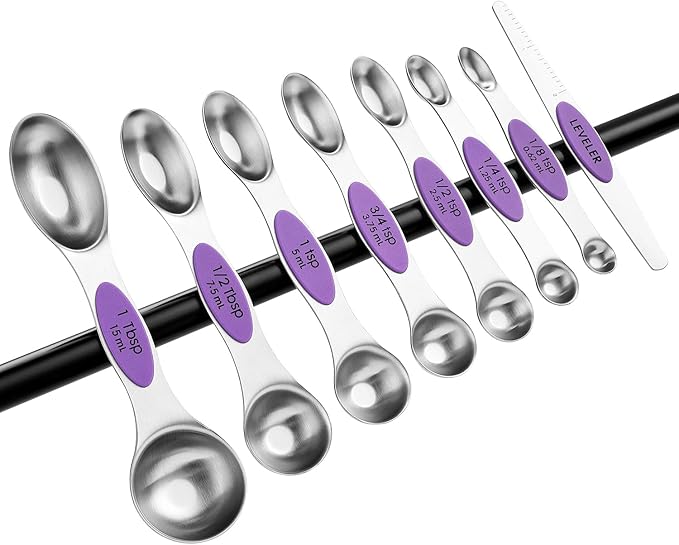 Spring Chef Stainless Steel Magnetic Measuring Spoons Set of 8 with Leveler, Nesting Metal Teaspoon & Tablespoon Measuring Spoons for Food, Heavy Duty Kitchen Gadgets for Baking & Cooking - Orchid