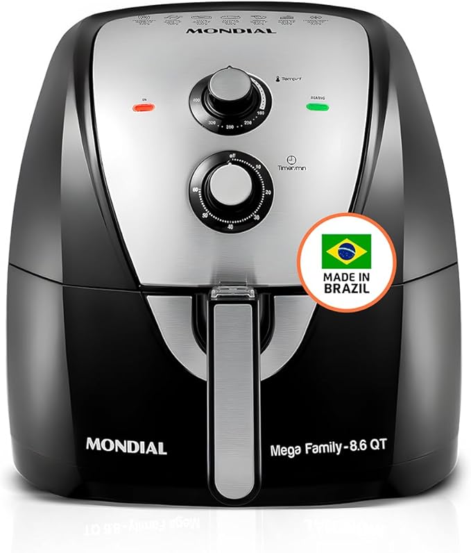 MONDIAL Air Fryer - 8.6 Quart Extra-Large Air Fryer, 2 Simple Dial Controls, 1800 Watts - Quick Heat Circulation Technology, Low Fat Cooking Less Calories - Removable Squared Basket - Black