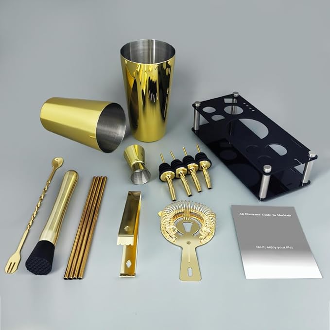Professional Cocktail Shaker Set with Stand Cocktail Recipes, 15-Piece 750/600ml Bartender Kit, Bar Sets Bartending Kit Bar Tool Set 25/20oz Boston Shakers, Jigger, Muddler (Gold)