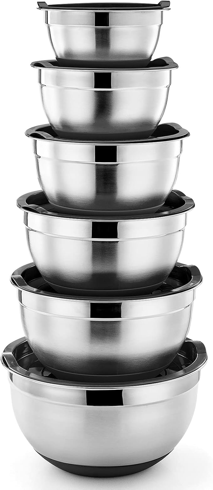 P&P CHEF Mixing Bowls With Lids, Set of 6, Stainless Steel Nesting Mixing Bowls & Fitting Lids & Non-Slip Silicone Bottom, Ideal for Mixing, Storing, Size 0.7/1/1.5/2.5/3/4.6 Qt, Black