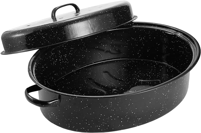 Granite Roasting Pan, 18” Enameled Roasting Pan with Domed Lid. Oval Turkey Roaster Pot, Broiler Pan Great for Turkey, Chicken, Lamb, Vegetable. Dishwasher Safe Cookware Fit for 18Lb Turkey by Kendane