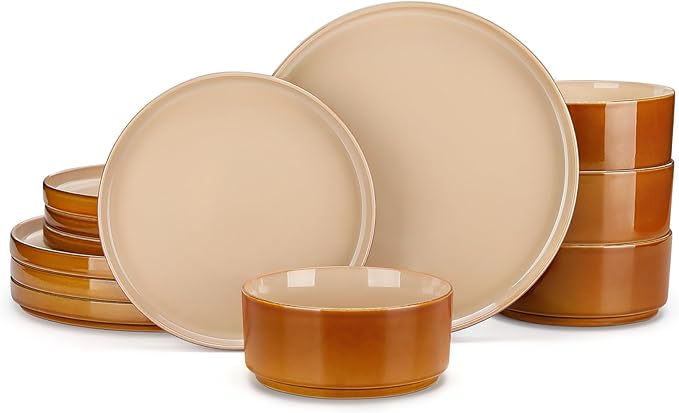 vancasso ONION Ceramic Plates and Bowls Sets, 12 Pieces Brown Dinnerware Sets for Kitchen, Reactive Glaze Dishes Set for 4, Dishwasher and Microwave Safe
