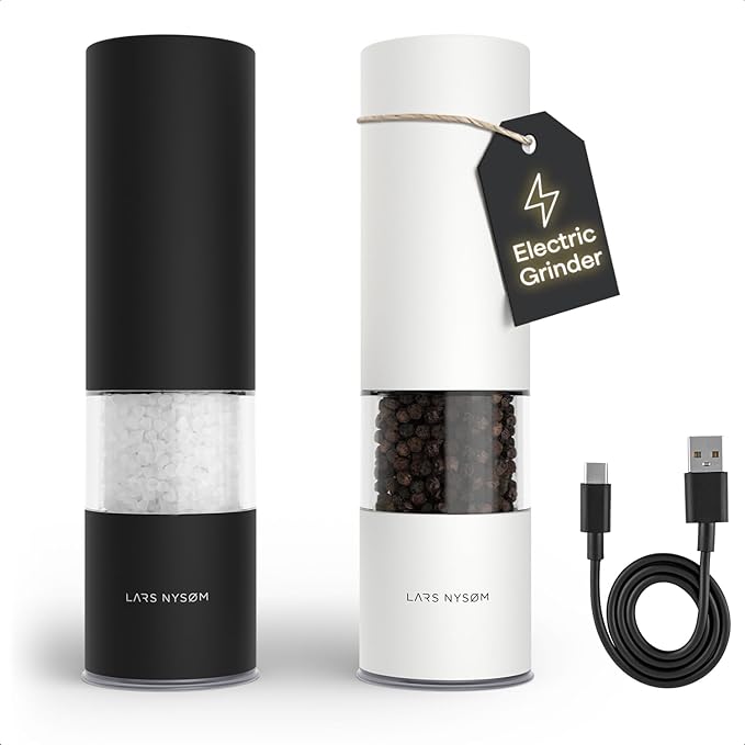 LARS NYSØM Electric Salt and Pepper Grinder Set I Automatic Salt and Pepper Mills with Adjustable Ceramic Grinder I USB Rechargeable Electric Spice Mill Set with LED Light (Black/White)