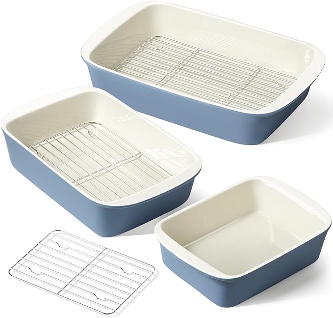 LE TAUCI Deep Casserole Dishes for Oven, 13.7”x9.6” Ceramic Baking Dish Set with Roasting Racks, Large Lasagna Pans with Handles, Rectangular Bakeware as Gift for Mom, Dusty Blue (4.6QT/3.0QT/1.6QT), Set of 3