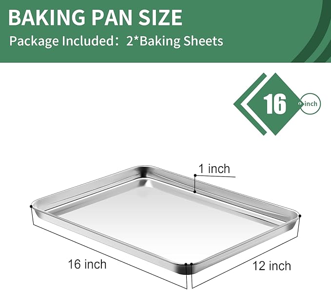 Baking Sheets Set of 2, HKJ Chef Cookie Sheets 2 Pieces & Stainless Steel Baking Pans & Toaster Oven Tray Pans, Rectangle Size 16 x 12 x 1 inch, Non Toxic & Healthy & Easy to Clean
