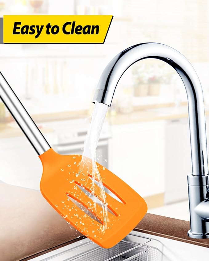 Pack of 2 Silicone Solid Turner, Non Stick Slotted Kitchen Spatulas, High Heat Resistant BPA Free Cooking Utensils, Ideal Cookware for Fish, Eggs, Pancakes (ORANGE)
