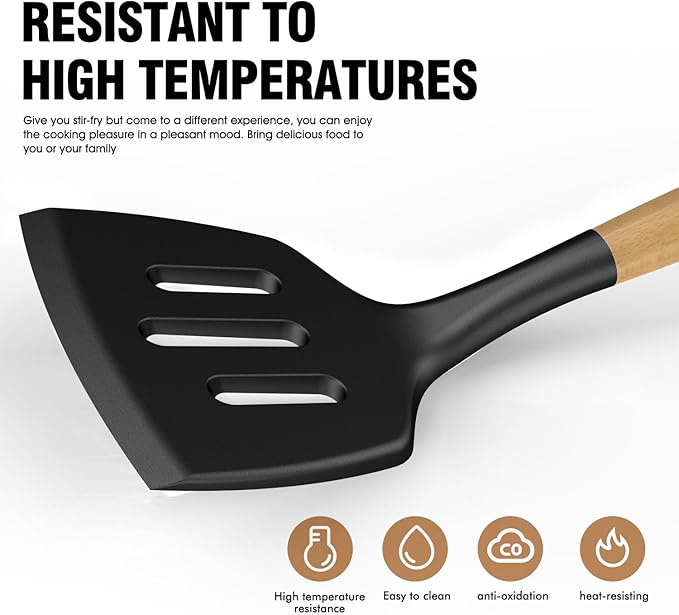 Silicone Cooking Utensils Set Utensil Sets - 446°F Heat Resistant Silicone Kitchen Utensils Set Wooden Handles, Silicone Utensils for Cooking w Holder for Non-Stick Cookware BPA FREE (Black)
