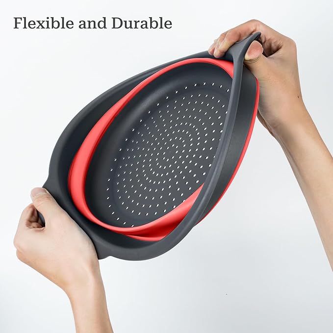 Collapsible Colander 3-Pack Set Space-Saving Foldable Kitchen Strainer with Non-Slip Base Durable Thickened PP+TPE Collapsible Strainers for Pasta, Vegetables, Fruits (Gray-Red)
