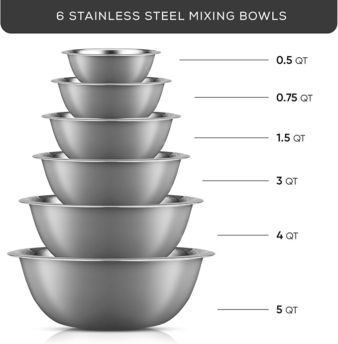 JoyJolt Stainless Steel Mixing Bowl Set of 6 Bowls (Grey). 5qt Large to 0.5qt Small Metal Bowl. Kitchen, Cooking and Storage Nesting Bowls. Dough, Batter Baking Gray