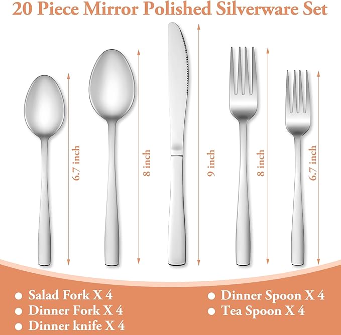 20 Pcs Silverware Set, Stainless Steel Flatware Set for 4, Food-Grade Cutlery Set, Mirror Polished Tableware Eating Utensils Set for Home Kitchen, Include Knife Fork Spoon Set, Dishwasher Safe
