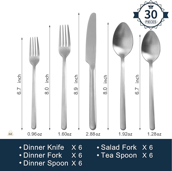 KINGSTONE 30 Pieces Silverware Set, Flatware Cutlery Set for 6, 18/10 Stainless Steel Silverware Utensils Minimalist Design Dishwasher Safe, Matte Silver
