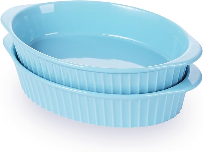 LEETOYI Porcelain Small Oval Au Gratin Pans, Baking Dish Set for 1 or 2 person servings, Bakeware with Double Handle for Kitchen and Home, Set of 2 (Turquoise)