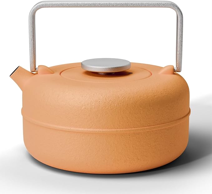 Toptier Teapot with Removable Infuser, Cast Iron Tea Kettle Stovetop Safe, Solid Geometry Cylinder Design Tea Pot Coated with Enameled Interior for 27 Ounce (800 ml), Yellow to Orange