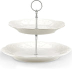 Lenox 2-Tier Serving Tray, French Perle White Two Tiered Tray Stand, Dessert Stands, Tiered Display with Round Plates, Christmas Hosting Essentials, Serving Dishes, Cupcake Stand (White 9-inch Height)