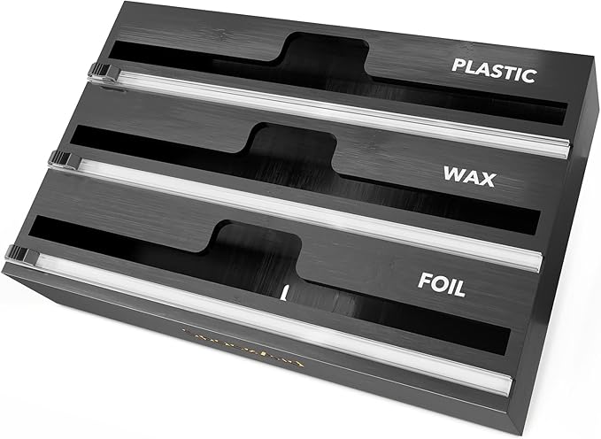 SpaceAid WrapNeat 3 in 1 Wrap Organizer with Cutter and Labels, Plastic Wrap, Aluminum Foil and Wax Bamboo Dispenser for Kitchen Storage Organization Holder for 12" Roll (Black)