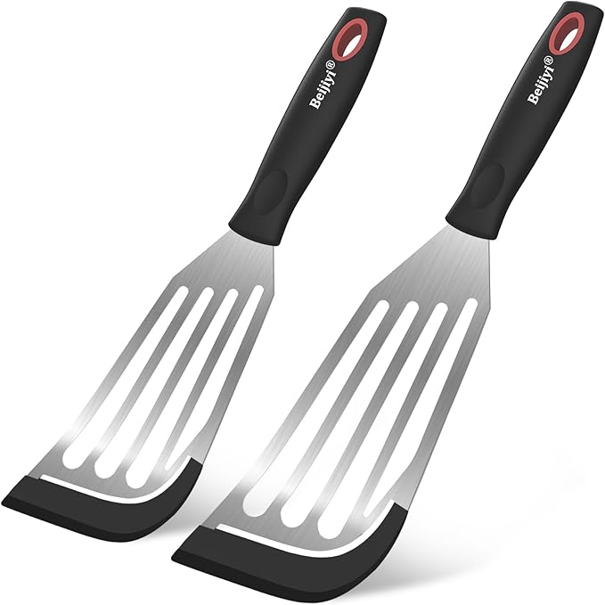 Beijiyi Fish Spatula Turner Set of 2, Heat Resistant Silicone Edge Slotted Fish Spatulas for Nonstick Cookware, Flexible and Thin Stainless Steel Kitchen Cooking Spatula Flipper for Fish, Egg, Pancake