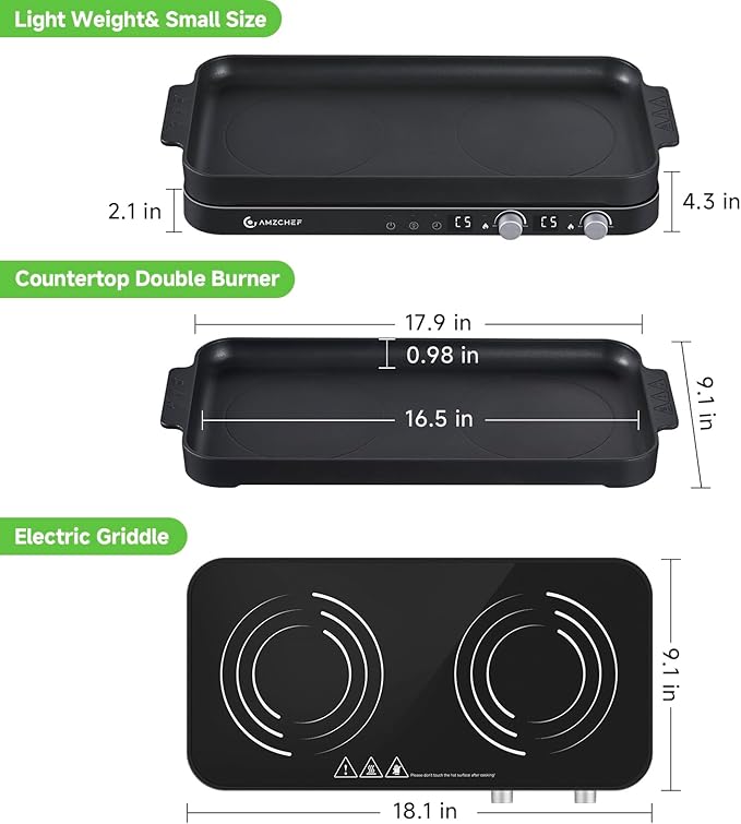 AMZCHEF Double Induction Cooktop with Removable Griddle Pan Non-stick, 1800W 2 burner Portable Induction Stove With Sensor Touch 9 Power Levels, 99 Min Timer, Black