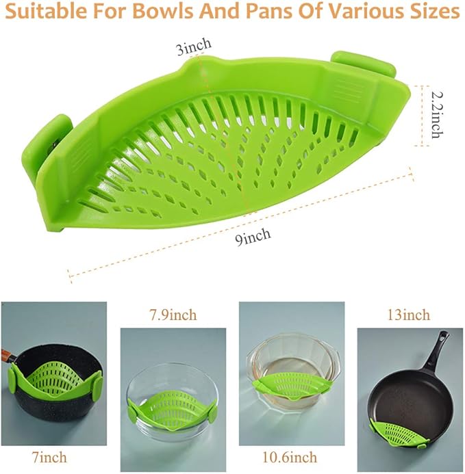 YEVIOR Clip on Strainer for Pots Pan Pasta, Silicone Food Strainer Hands-Free Pan Strainer, Clip-on Kitchen Food Strainer for Spaghetti, Pasta, Ground Beef Fits All Bowls and Pots (Green)