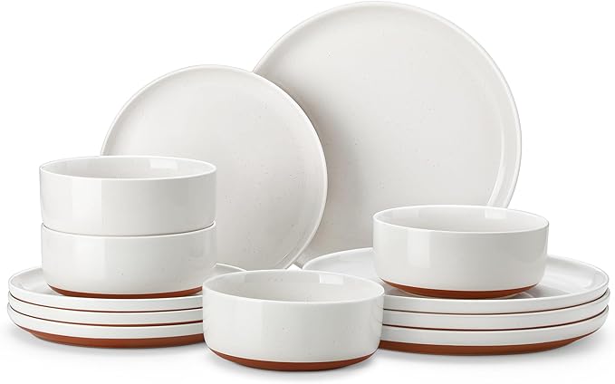 MALACASA Plates and Bowls Sets, 12 Pieces Modern Stoneware Dinnerware Set for 4 Kitchen Dinner Set Ceramic Dishware Dishes Set Microwave and Dishwasher Safe, White, Series TARA
