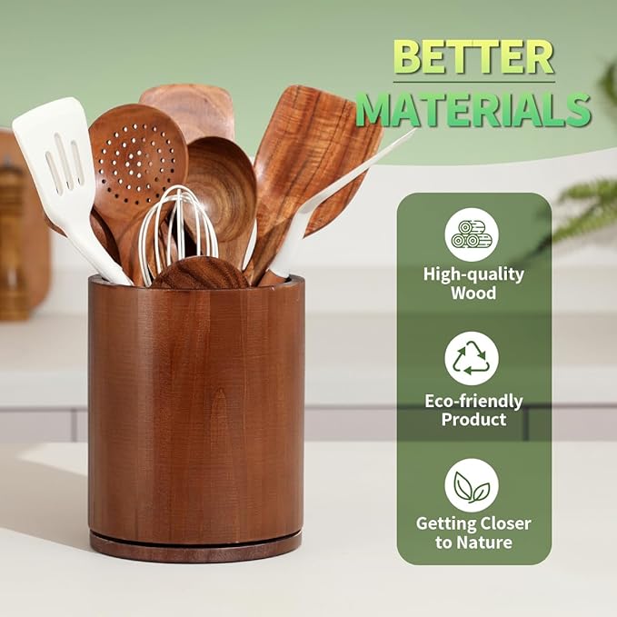 Wooden Utensil Holder, 360°Rotating 7.3'' Large Utensil Holder for Kitchen Counter, Kitchen Utensil Organizer, Utensil Crock, Farmhouse Kitchens Countertop Decor, Walnut-finish
