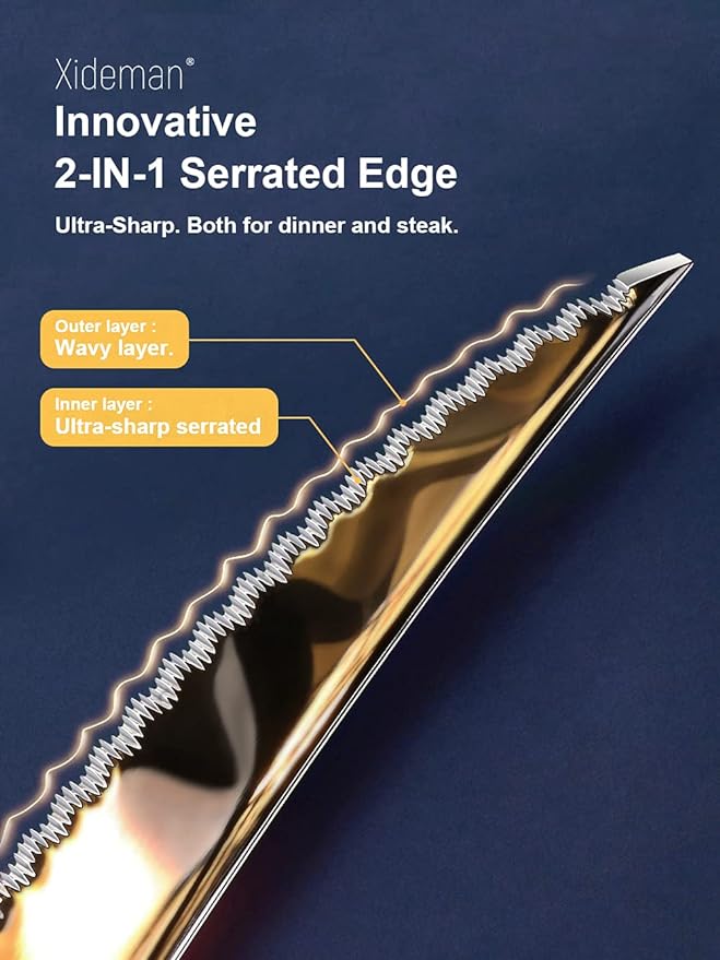16-Piece Modern Hammered Cutlery Set with Ultra Sharp 2-in-1 Serrated Knife, 18/10 Stainless Steel Silverware Flatware Set Service for 4, Tableware Utensil, Forks Spoons Knives Set