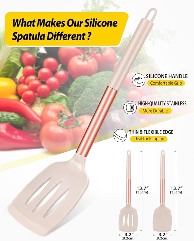 Pack of 2 Silicone Solid Turner, Non Stick Slotted Kitchen Spatulas, High Heat Resistant BPA Free Cooking Utensils, Ideal Cookware for Fish, Eggs, Pancakes(Rose Gold Khaki)