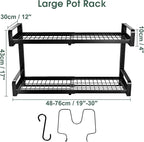 19"- 30" Expandable Hanging Pot Rack, 2 Tier Heavy Duty Wall Mounted Pots and Pans Organizer with 10 Hooks and 5 Pot Lid Holders, Pot Hanger Shelf for Kitchen Cookware Utensils Organizers and Storage