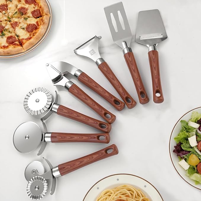 12-Piece Kitchen Tools and Gadgets Set with Wood Imitation Handle BRIIEC Stainless Steel Cooking Utensils Kitchen Accessories Includes Can Opener Garlic Press Peeler