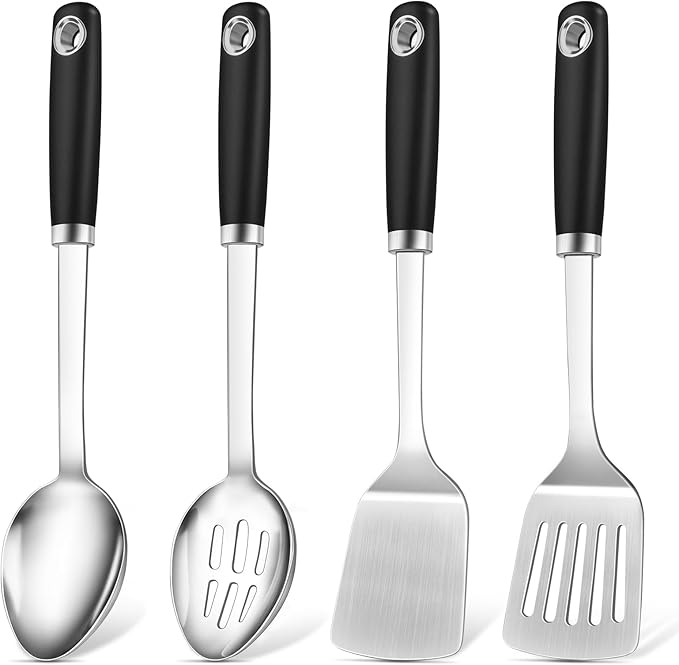 4 Pcs Cooking Utensils Set, Stainless Steel Kitchen Utensils, Heat Resistant Metal Kitchen Tools Include Solid & Slotted Turner Wok Spatula, Serving Spoon, Ergonomic Handle, Easy to Clean, Silver