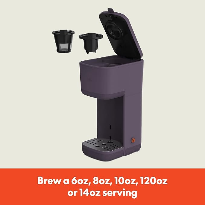 BELLA Single Serve Coffee Maker, K Cup & Coffee Ground Compatible with Removable, Adjustable Drip Tray, Auto Shutoff & Reusable Dishwasher Safe Accessories, Brews 6oz to 14oz, 1000 Watt, Plum