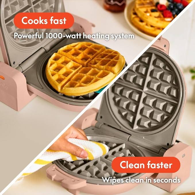 bella Flip-n-Store Waffle Maker with EverGood™ Ceramic Nonstick Coating, Fits-anywhere™ Kitchenware, Power Indicator Light, Cool Touch Handle & Cord Wrap, 7” Wide & 1" Deep Plates, 1000 Watt, Blossom