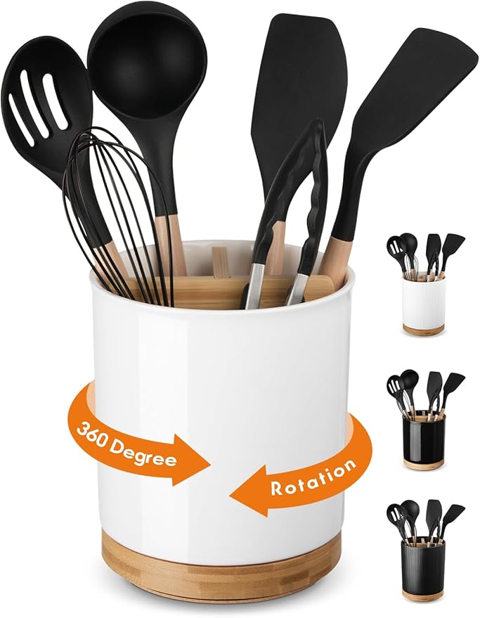 LoeJan 3 Compartment Utensil Holder, Extra Large Utensil Crock, Stable Ceramic Utensil Organizer, Cooking Tool Organizer Set for Kitchen Counter Farmhouse Decor (C-White(Grossy))