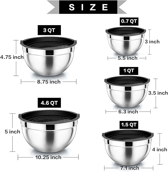 P&P CHEF Mixing Bowls with Airtight Lids Set of 5, 10-Piece Stainless Steel Mixing Nesting Bowl, Metal Bowl with Lid for Kitchen Prepping & Storing, Size 4.6, 3, 1.5, 1, 0.7 QT, Black