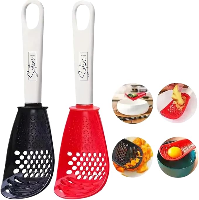 Dual Color 6-in-1 Kitchen Tool, Spoon/Scooper with Perforated Heads for Easy Draining and Straining, Grating, Egg Separator, Set of 2, Ergonomic Grip Utensils