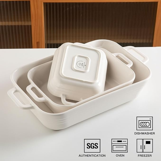 Sweejar Relief Casserole Dishes for Oven, Ceramic 9x13 Baking Pans Set for Cooking, Cake, Banquet and Daily Use, Rectangular Bakeware Set, Porcelain Baking Dish, Lasagna Pan Deep with Handles(White)