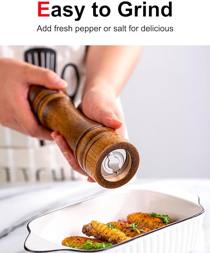 Pepper Grinder Salt Grinder Wooden Pepper Mill Grinder w/Adjustable Coarse, 8 inch Tall Wood Refillable Manual Pepper Grinder Mill Peppermill for Black Peppercorn