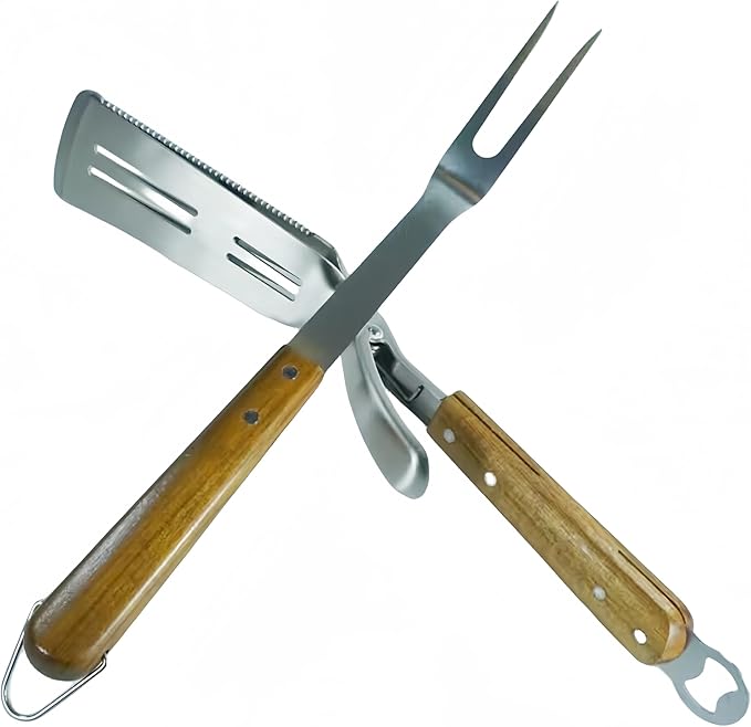 Grill Utensils Set -Innovative 2 in 1 Grill Tongs-Spatula & Barbecue Meat Forks with Long Wooden Handle for Outdoor Grilling,Cooking and Griddling