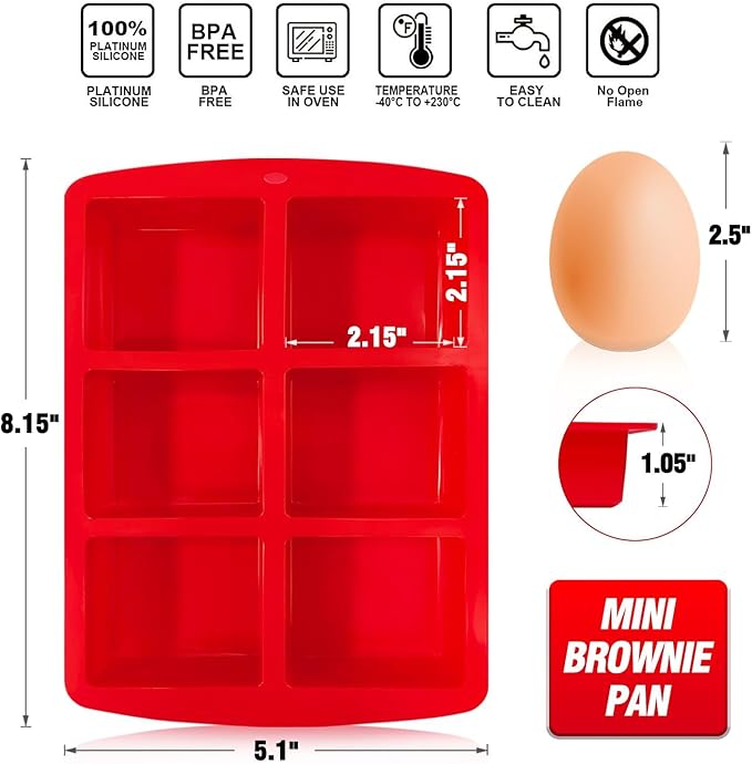 Walfos Mini Silicone Brownie Pan - 2 Piece 6-Cavity Non-stick Square Baking Pan, Perfect for Mini Brownies, Cornbread, Muffin and Cakes, BPA Free and Dishwasher Safe