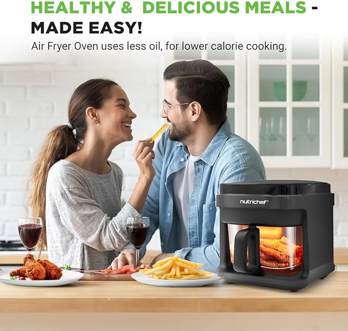 Nutrichef 5.8 Quart Air Fryer | 8-1 Preset Cook Modes | Transparent Fry Bowl for Best Cooking Results | Cook Shrimp, Steak, Fries, Wings, Chicken & More | Precise Temperature Control & Time | Grey