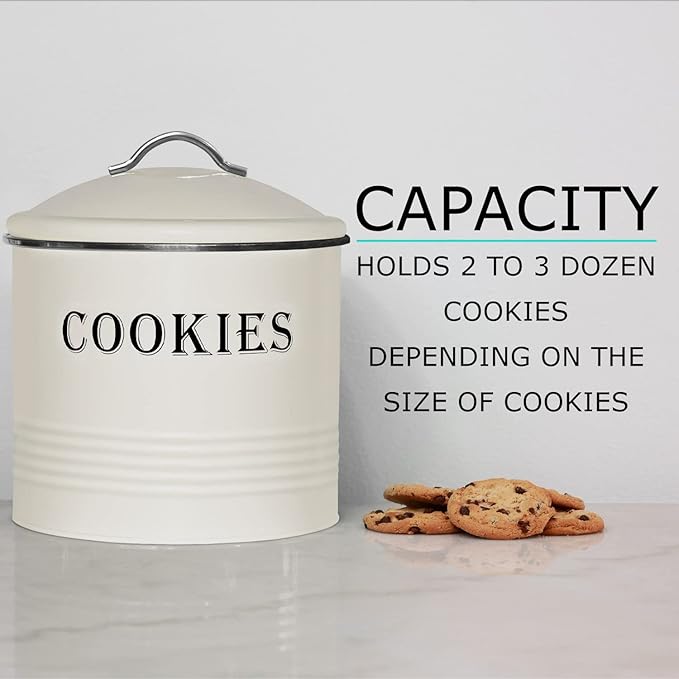 Blue Donuts Vintage Cookie Jar - Airtight Counter Cookie Container, Ivory Tin with Lid for Gift Giving, Large Capacity