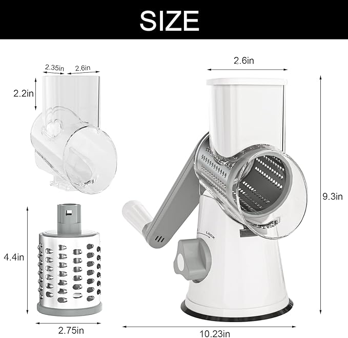 Cambom 5 in 1 Rotary Cheese Grater Hand Crank Cheese Shredder for Fresh Cheese, Vegetable, Nuts,Non-slip Suction Base, Five Blades, White