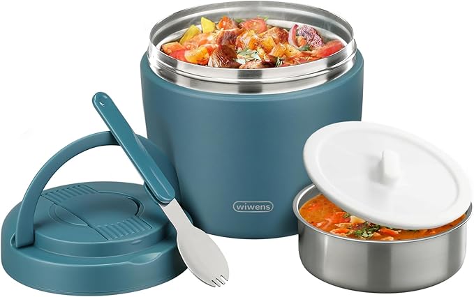 wiwens Thermo Food Jar for Hot Food Adults 32OZ Soup Thermo Lunch Containers Wide Mouth Vacuum Insulated Stainless Steel Leakproof Bento Box with Spoon (lake blue)